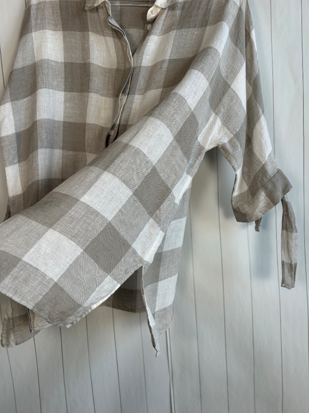 Lafayette 148 size L linen button front shirt plaid gray tie sleeve relaxed fit - Picture 3 of 9